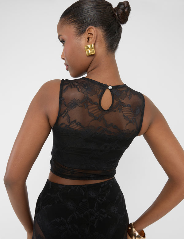 Public Desire Lace Round Neck Sleeveless Crop Top Black