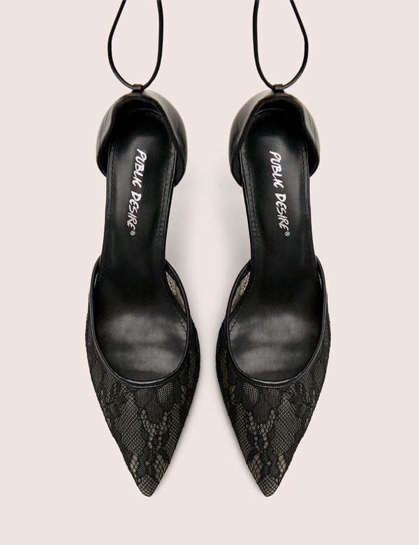 Public Desire Laced Up Black Lace Wrap Around Pointed Toe Heels