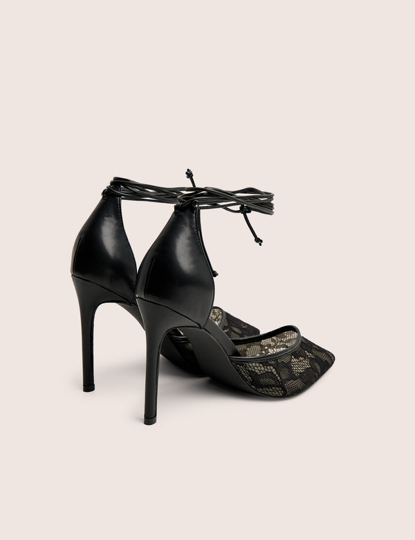 Public Desire Laced Up Black Lace Wrap Around Pointed Toe Heels