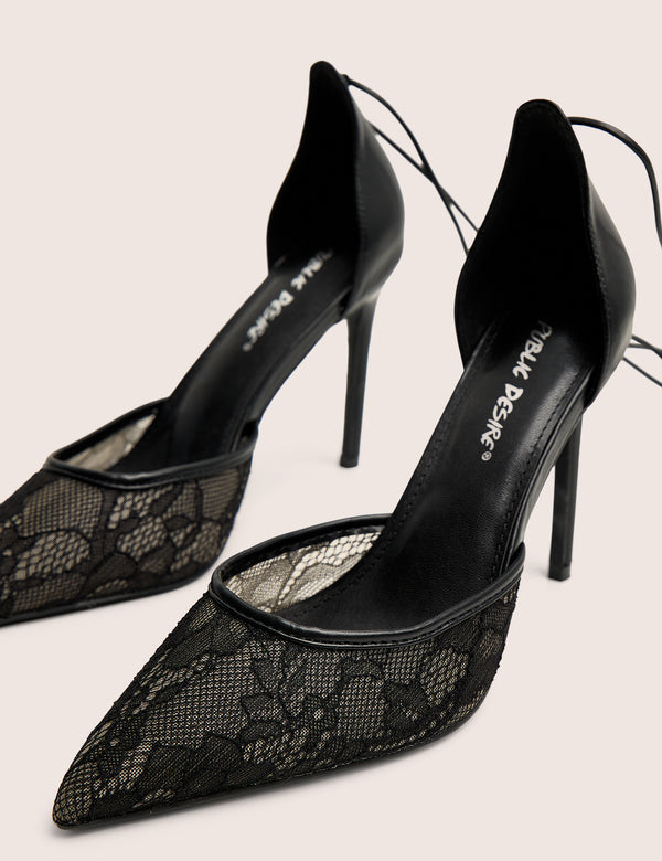 Public Desire Laced Up Black Lace Wrap Around Pointed Toe Heels