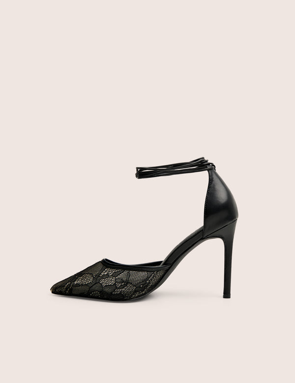 public desire Laced Up Black Lace Wrap Around Pointed Toe Heels