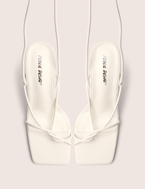 Public Desire Lacey White Square Toe Strappy Lace Up Stiletto Heels