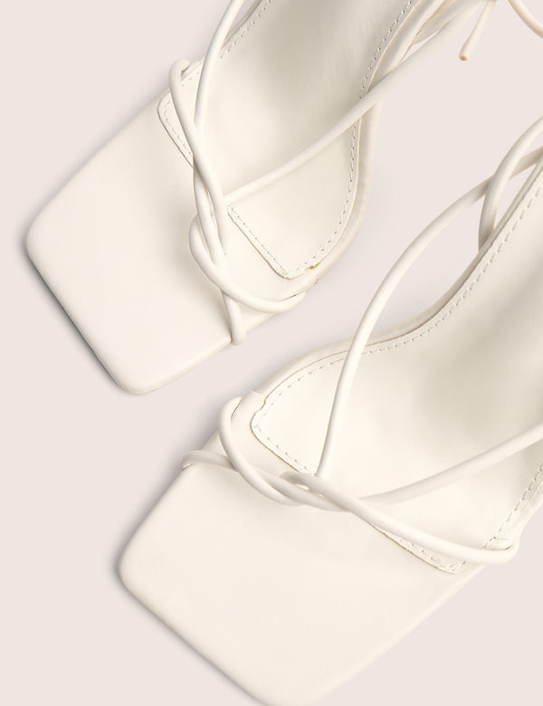 Public Desire Lacey White Square Toe Strappy Lace Up Stiletto Heels