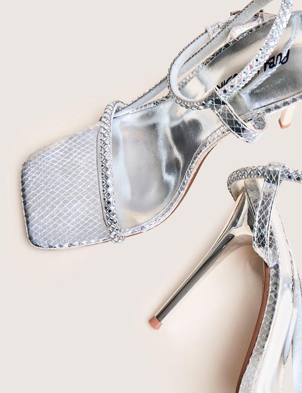 Public Desire Last Night Silver Snake Pu Diamante Strap Stiletto High Heels
