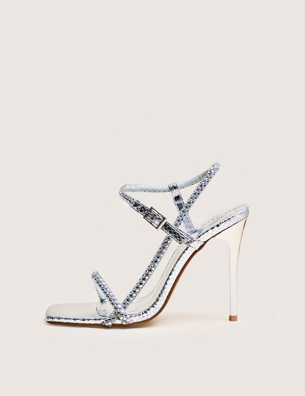 public desire Last Night Silver Snake Pu Diamante Strap Stiletto High Heels