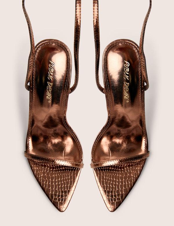 Public Desire Legacy Bronze Croc Barely There Pointed Toe Gold Stiletto Heels