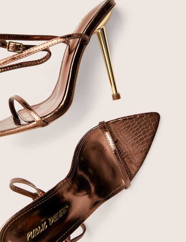 Public Desire Legacy Bronze Croc Barely There Pointed Toe Gold Stiletto Heels