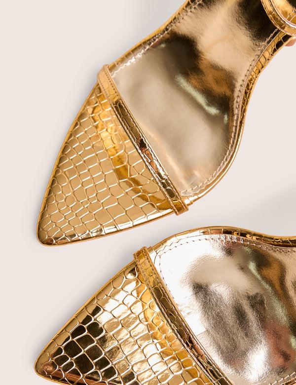 Public Desire Legacy Gold Croc Barely There Pointed Toe Gold Stiletto Heels