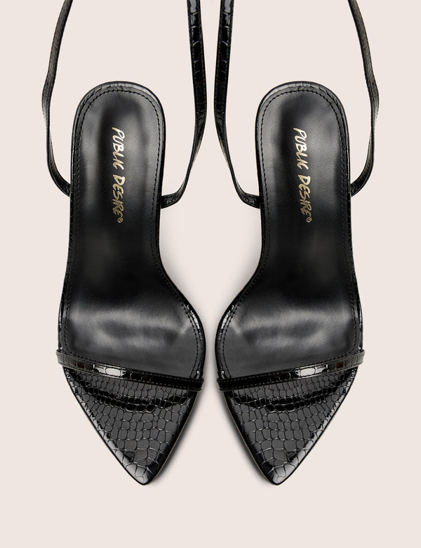 Public Desire Legacy Wide Fit Black Croc Barely There Pointed Toe Stiletto Heels