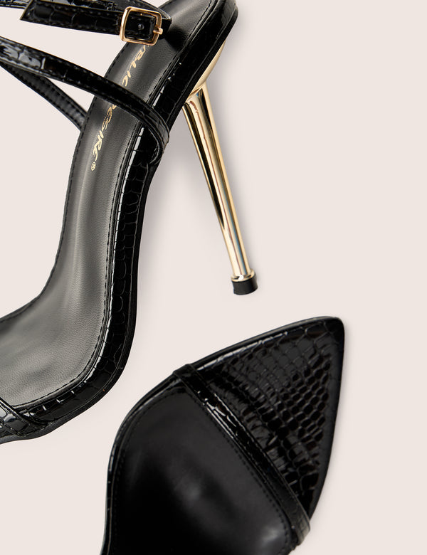 Public Desire Legacy Wide Fit Black Croc Barely There Pointed Toe Stiletto Heels