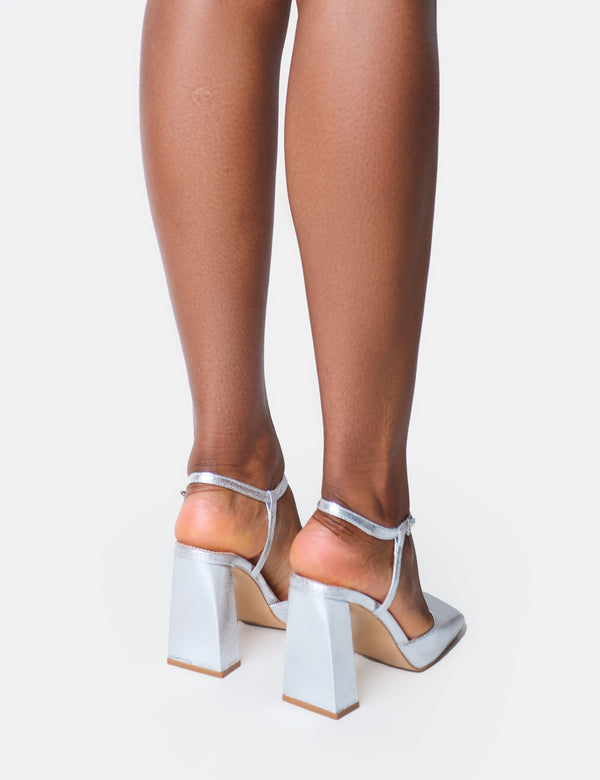 Public Desire Leighton Cracked Silver Slant Toe Block Heels