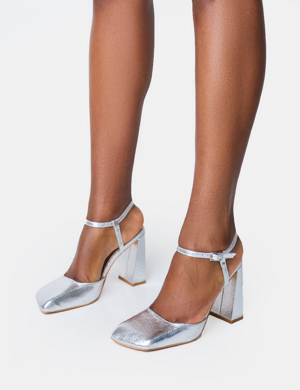 Public Desire Leighton Cracked Silver Slant Toe Block Heels