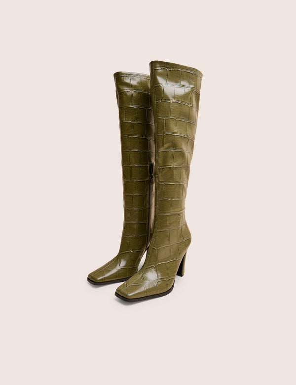 Public Desire Libre Green Wide Croc Knee High Boots