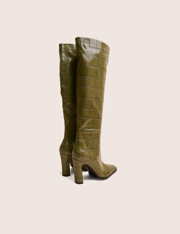 Public Desire Libre Green Wide Croc Knee High Boots