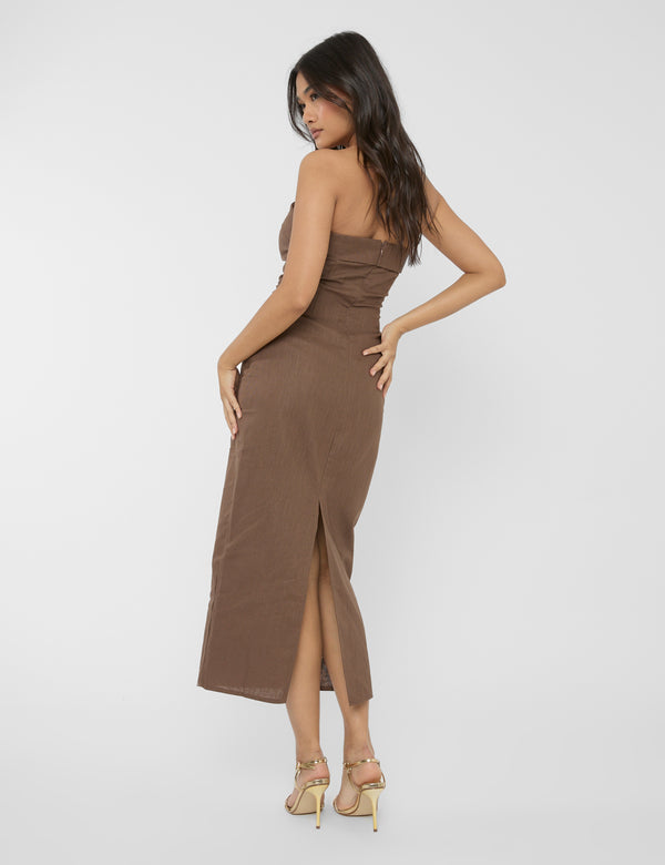 Public Desire Linen Look Tailored Fold Over Bandeau Pocket Detail Midi Dress Chocolate