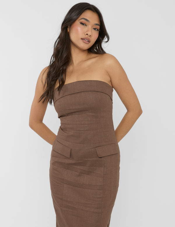 Public Desire Linen Look Tailored Fold Over Bandeau Pocket Detail Midi Dress Chocolate