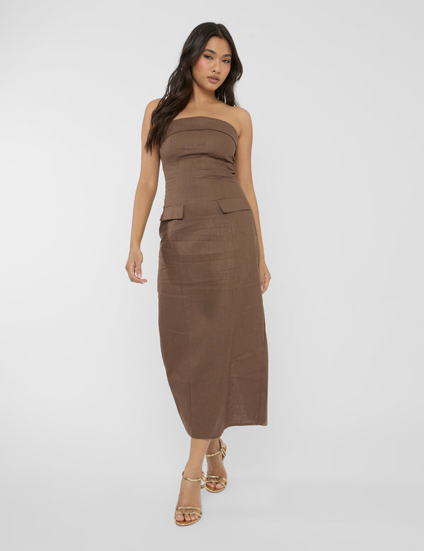 public desire Linen Look Tailored Fold Over Bandeau Pocket Detail Midi Dress Chocolate
