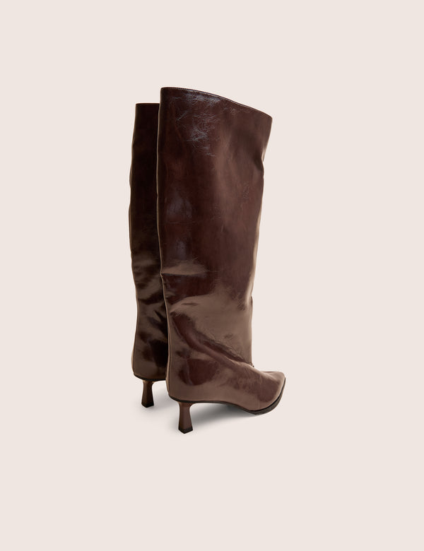 Public Desire Lola Brown Kitten Heel Knee High Boots