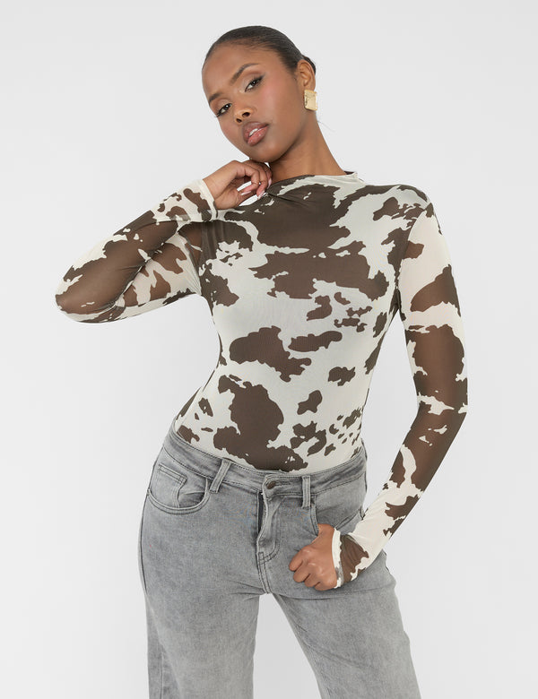 Public Desire Long Sleeve High Neck Bodysuit Cow Print