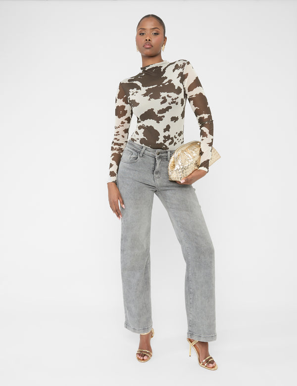 Public Desire Long Sleeve High Neck Bodysuit Cow Print