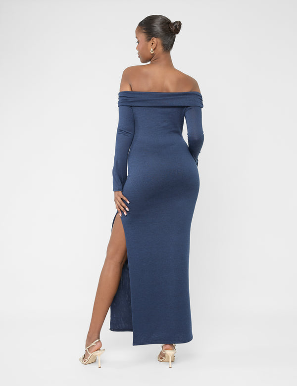 Public Desire Long Sleeve Off The Shoulder Bardot Maxi Dress Navy
