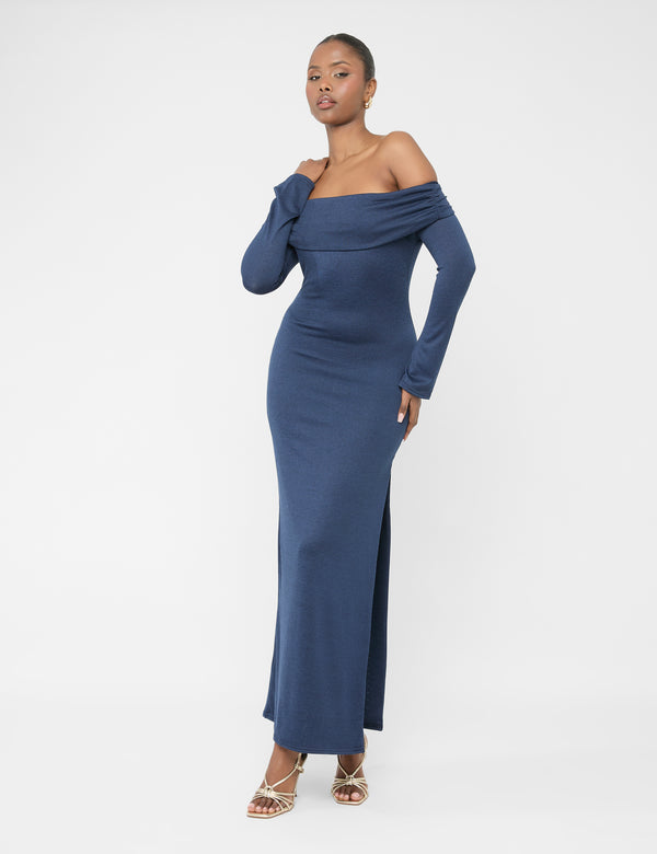 Public Desire Long Sleeve Off The Shoulder Bardot Maxi Dress Navy
