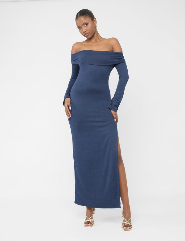 public desire Long Sleeve Off The Shoulder Bardot Maxi Dress Navy