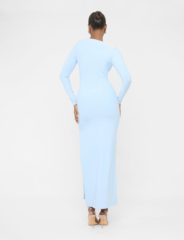 Public Desire Long Sleeve Side Leg Split Luxe Slinky Maxi Dress Blue