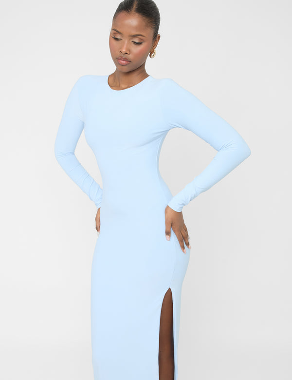 Public Desire Long Sleeve Side Leg Split Luxe Slinky Maxi Dress Blue