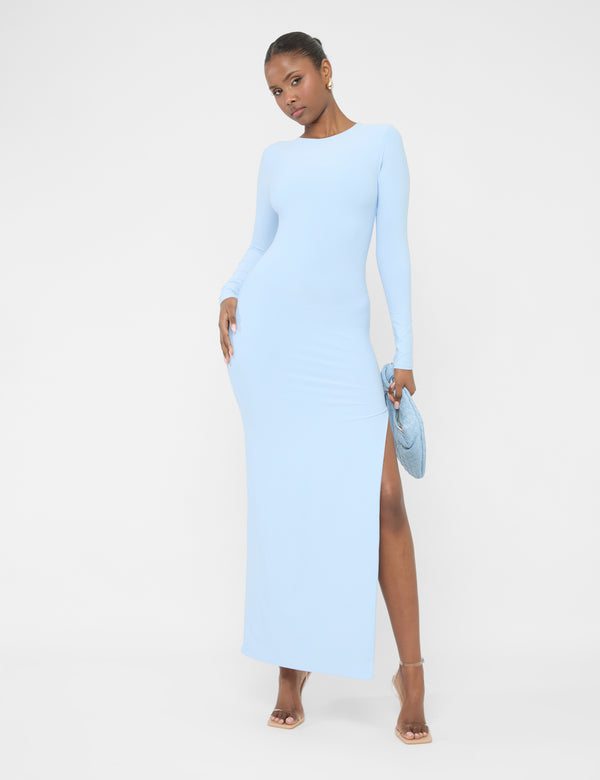 public desire Long Sleeve Side Leg Split Luxe Slinky Maxi Dress Blue
