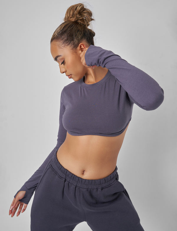 Public Desire Long Sleeve Underbust Crop Top Dark Grey