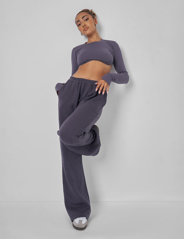 Public Desire Long Sleeve Underbust Crop Top Dark Grey