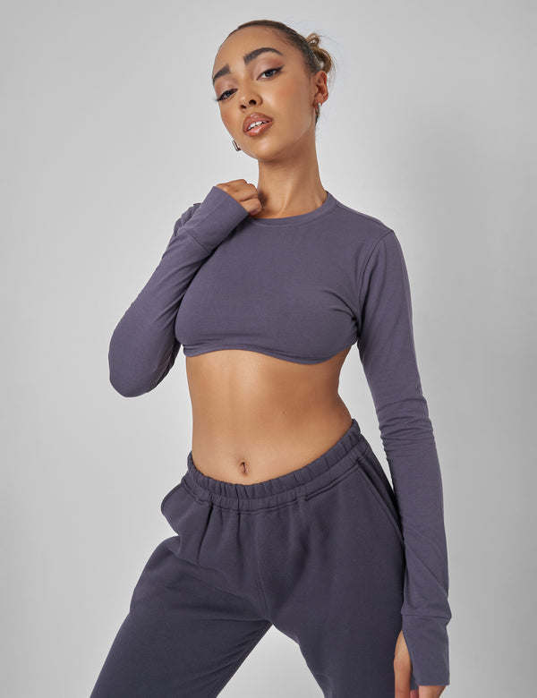 public desire Long Sleeve Underbust Crop Top Dark Grey