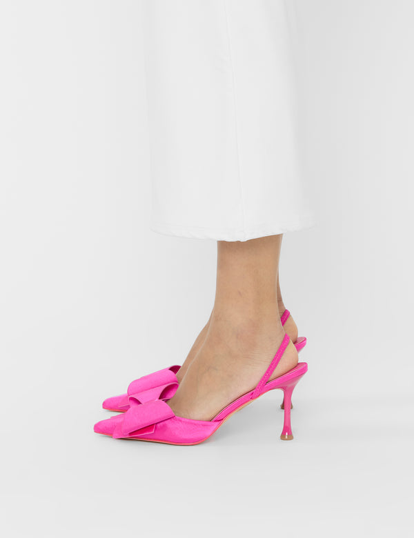 Public Desire Loren Fuchsia Satin Bow Detail Slingback Court Mid Heels
