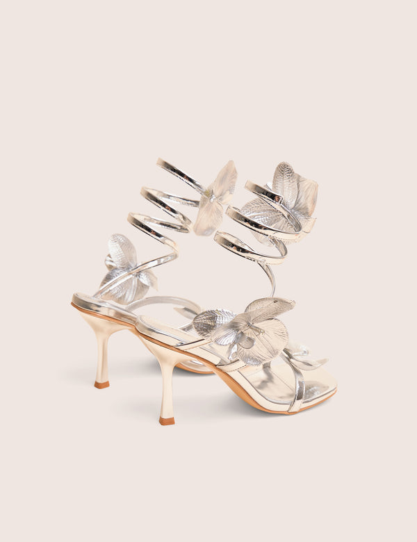 Public Desire Lotus Silver Mirror & Silver Flower Trim Wrap Around Flared Stiletto High Heels