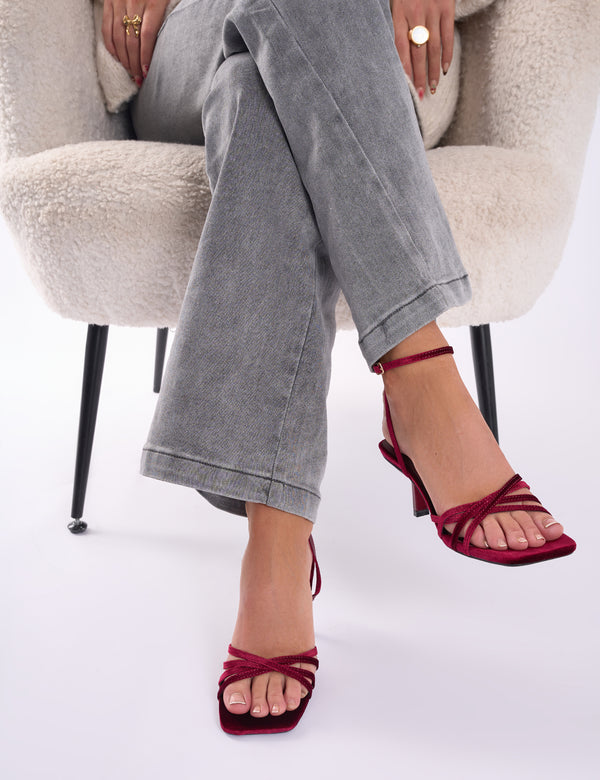 public desire Lychee Burgundy Velvet Crossover Strap Lace Up Mid Heels