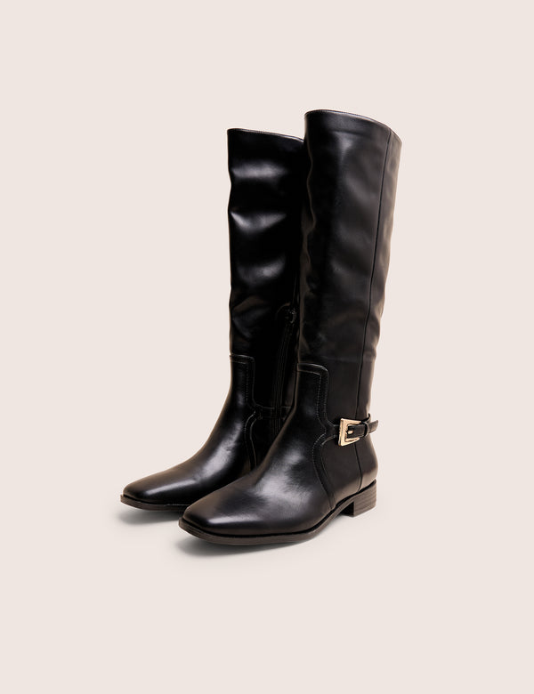Public Desire Mackie Black Pu Buckle Detail Knee High Riding Boot