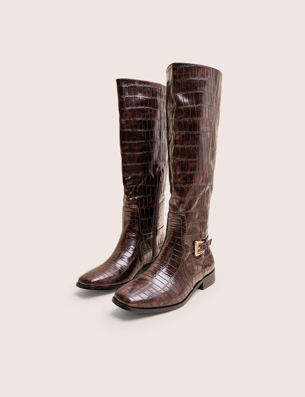Public Desire Mackie Brown Croc Buckle Detail Knee High Riding Boot