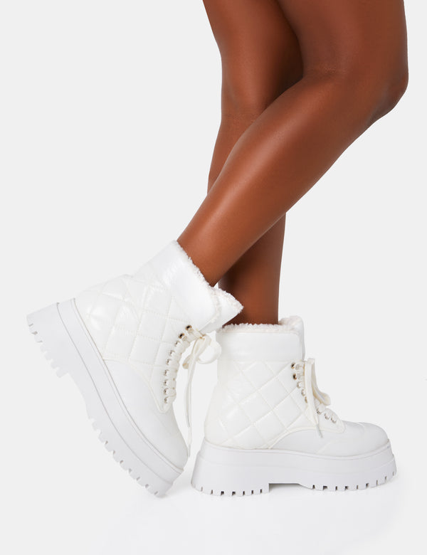 Public Desire Magda White Patent Quilted Chunky Sole Rounded Toe Ankle Boots