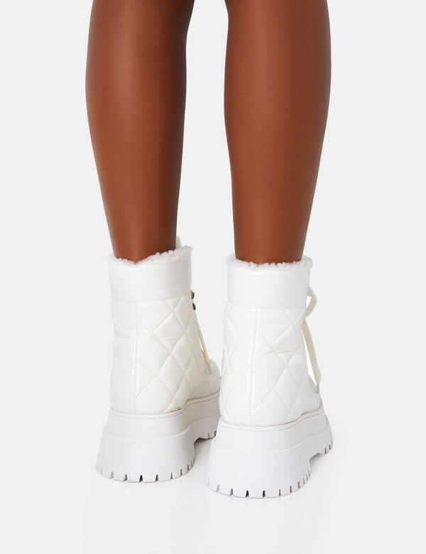 Public Desire Magda White Patent Quilted Chunky Sole Rounded Toe Ankle Boots