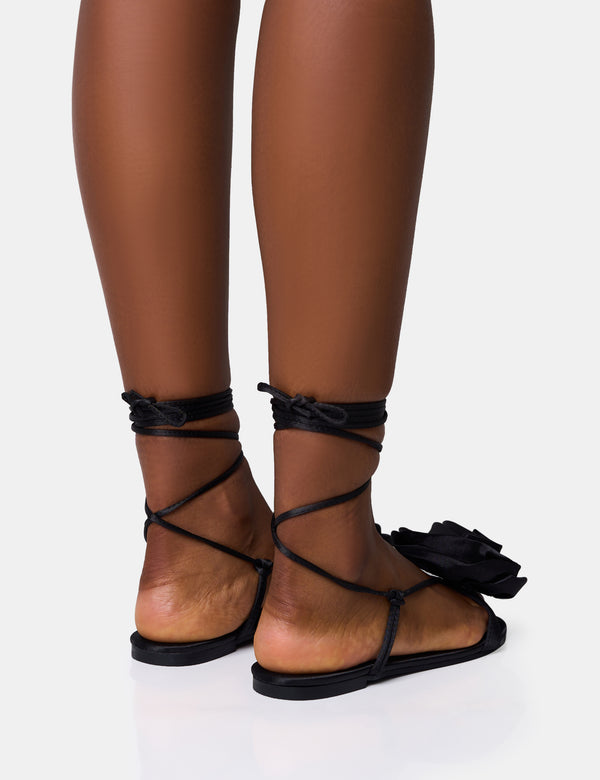 Public Desire Magnolia Black Flower Corsage Lace Up Flat Sandals