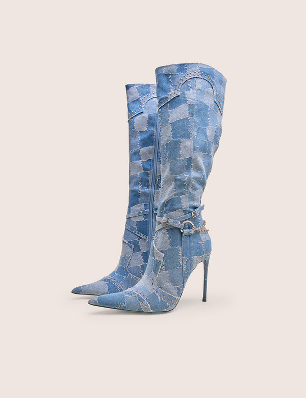 Public Desire Main Character Embellished Denim Patchwork Pointed Toe Stiletto Boots