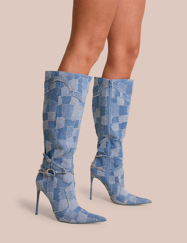 Public Desire Main Character Embellished Denim Patchwork Pointed Toe Stiletto Boots