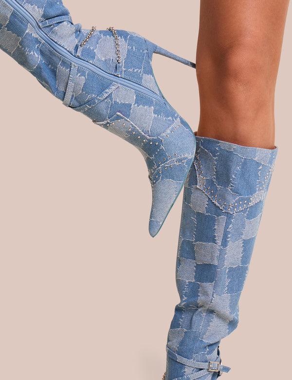 Public Desire Main Character Embellished Denim Patchwork Pointed Toe Stiletto Boots