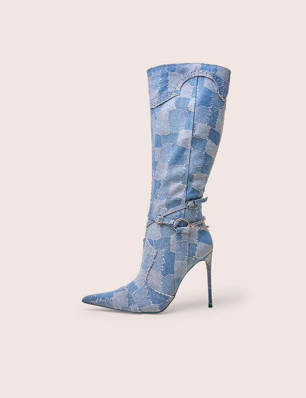 public desire Main Character Embellished Denim Patchwork Pointed Toe Stiletto Boots
