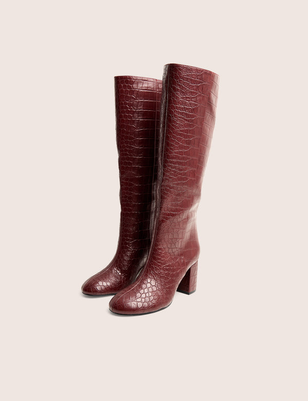Public Desire Maison Burgundy Croc Pu Knee High Block Heeled Boots