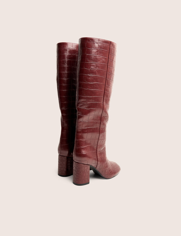 Public Desire Maison Burgundy Croc Pu Knee High Block Heeled Boots