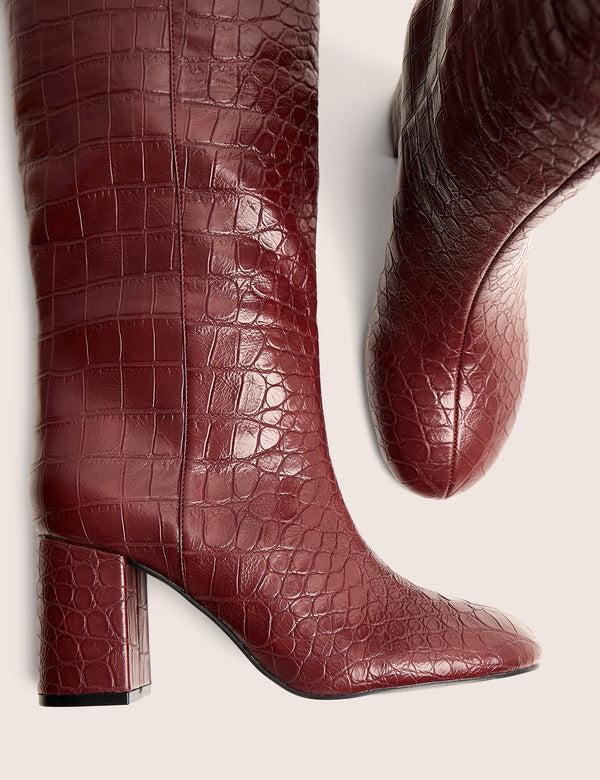 Public Desire Maison Burgundy Croc Pu Knee High Block Heeled Boots