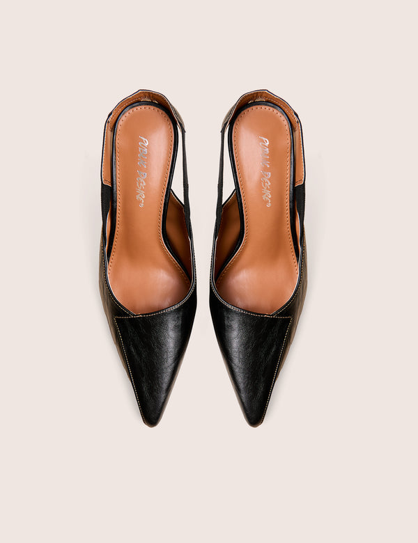 Public Desire Malia Vintage Black Fold Over Detail Cushioned Slingback Court Heels