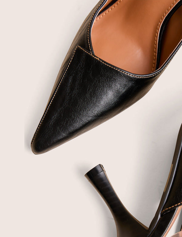 Public Desire Malia Vintage Black Fold Over Detail Cushioned Slingback Court Heels